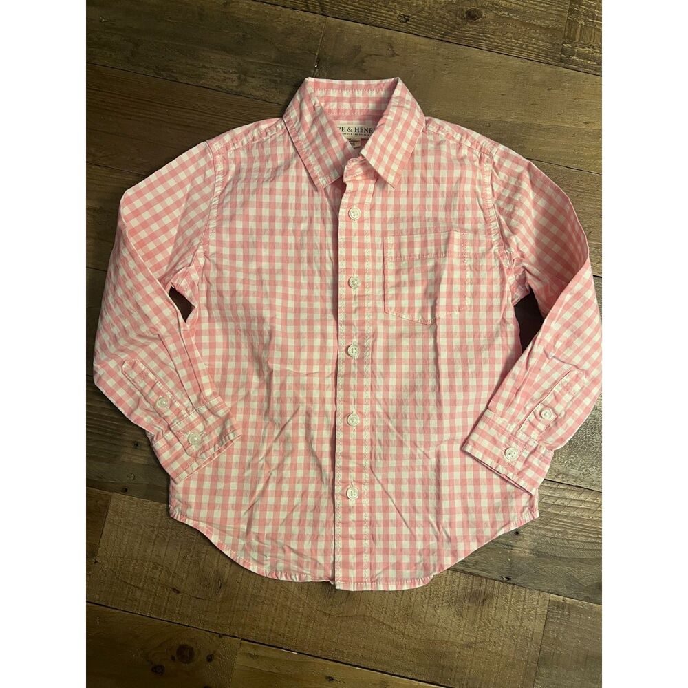 Hope & Henry Pink and White Gingham Check Button Down Long Sleeve Shirt XS 5-6